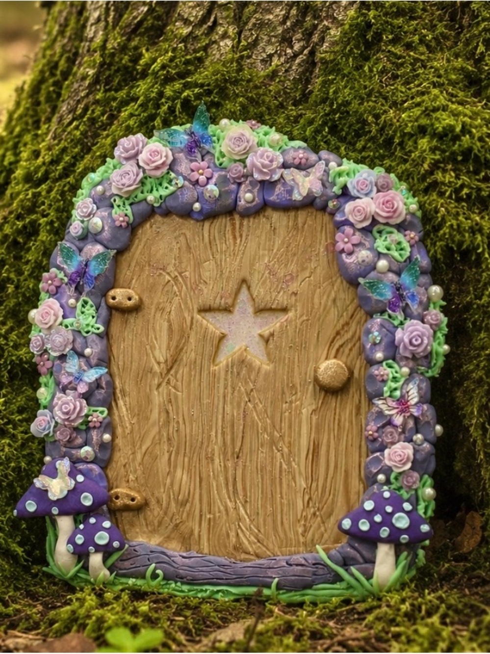 Handcrafted mini Purple Fairy Door with Floral and Mushroom Accents 4”